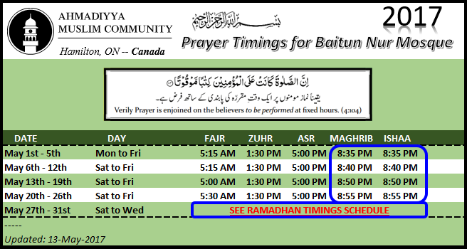 Prayer Timings - May 2017